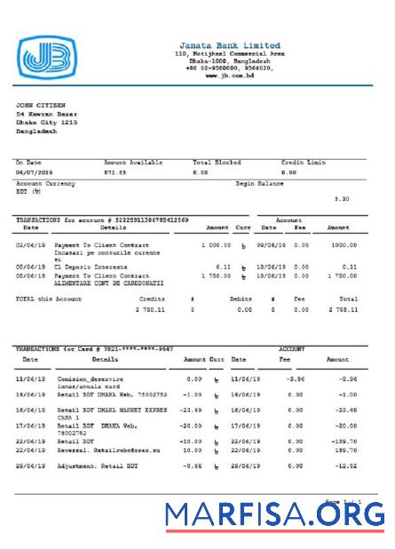 Downloadable Bangladesh Janata bank statement word sample